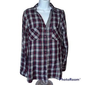 Skies are Blue Plaid Button Down Blouse, Long Sleeve Woman Size L